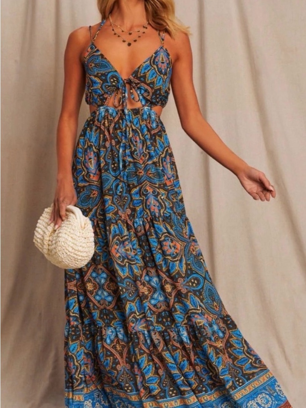 Vici Blue & Brown Paisley Tie-Front Maxi Dress